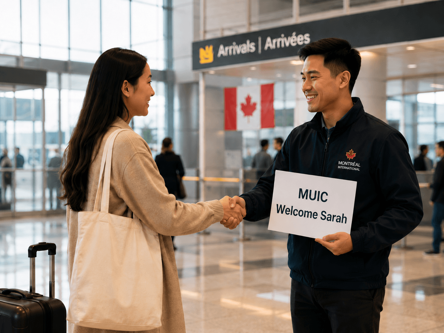 An arrival provider welcoming a newcomer at a Canadian airport